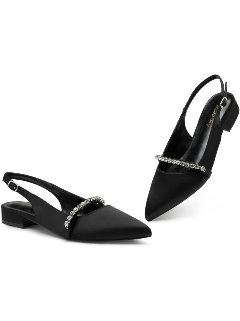 Women's Black Satin Slingback Flats With Rhinestone Pointed Toe Backstrap Shoes